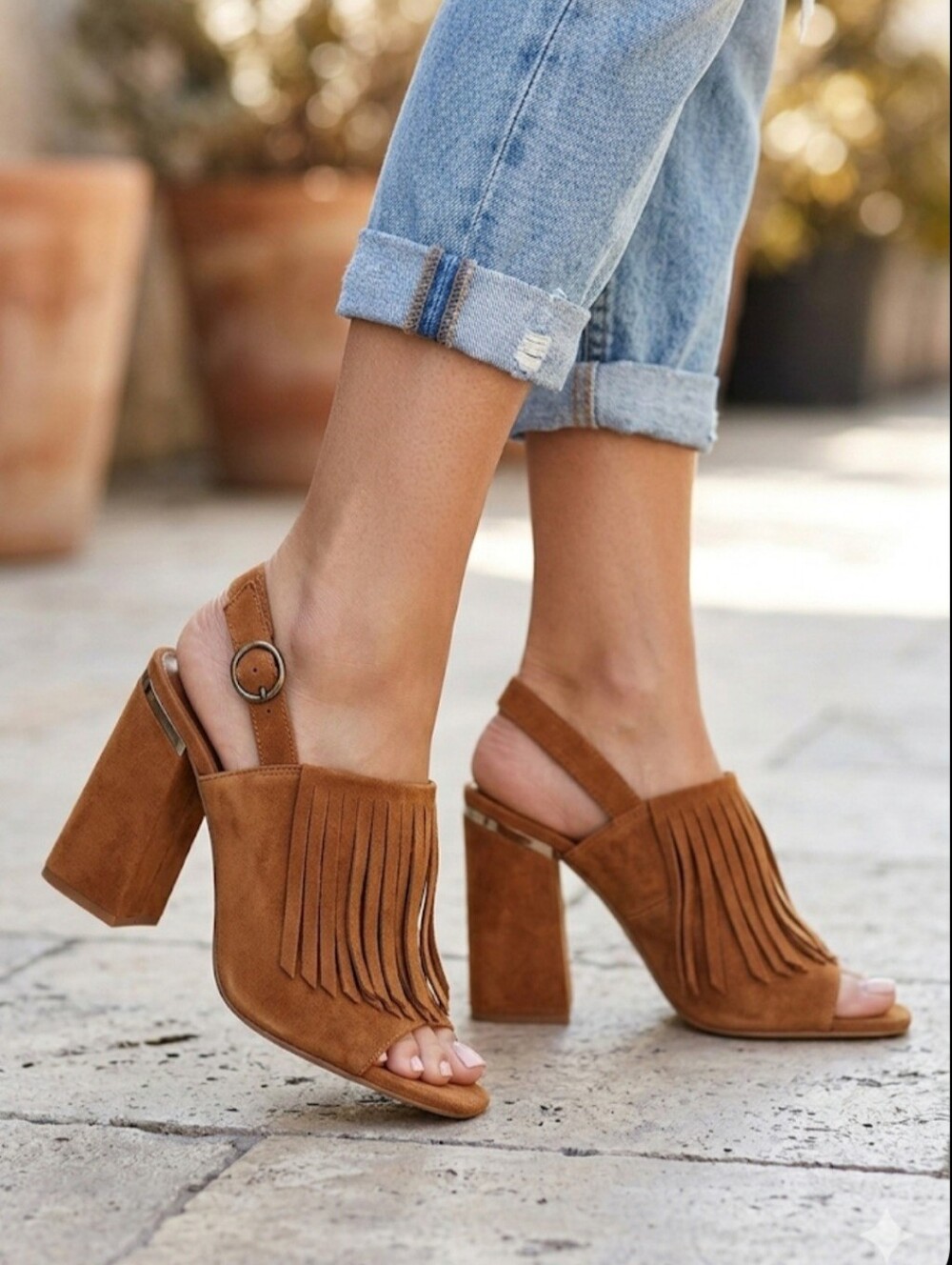 Mango Fringe Suede Women's Open-toe Tall Block-heel Sandals / Sz 7.5 /Tan